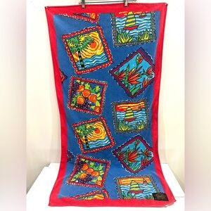 Vintage Banana Club Cotton Beach Towel Peru Stamps Ocean Scene Colorful Squares